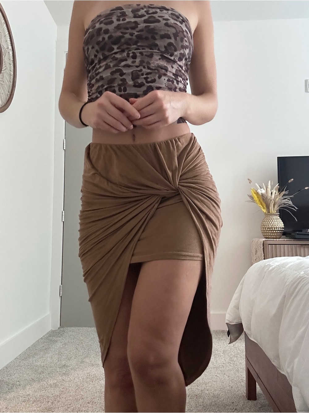 Asymmetrical Twist-Front Midi Skirt in Tan